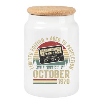 Vintage Car October 1970's Birthday Gift October - Cookie Jar with Wooden Lid - white - Front