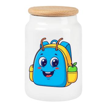 Fröhlicher Rucksack mit Apfelmotiv - Keksdose mit Holzdeckel - Weiß - Vorne