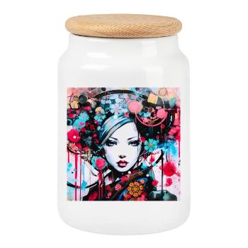 Colorful Urban Woman Portrait - Cookie Jar with Wooden Lid - white - Front