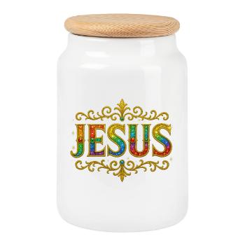 JESUS Glitzer Gold Pailletten - Keksdose mit Holzdeckel - Weiß - Vorne