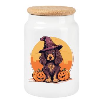 Halloween Chapeau de sorcière Citrouille Chien Cocker Épagneul - Boîte à biscuits avec couvercle en bois - blanc - Devant