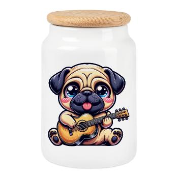 Pug With Guitar Cute Music Lover - Cookie Jar with Wooden Lid - white - Front