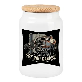 Vintage Hot Rod Workshop Motif - Cookie Jar with Wooden Lid - white - Front