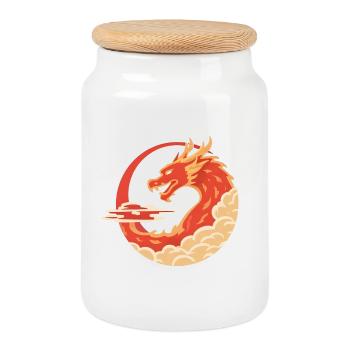 Feuriger Drachenschwung - Chinese Design Dragon - Keksdose mit Holzdeckel - Weiß - Vorne