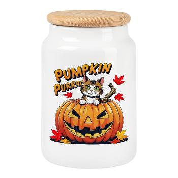 Conception de citrouille d’Halloween pour chat - Boîte à biscuits avec couvercle en bois - blanc - Devant