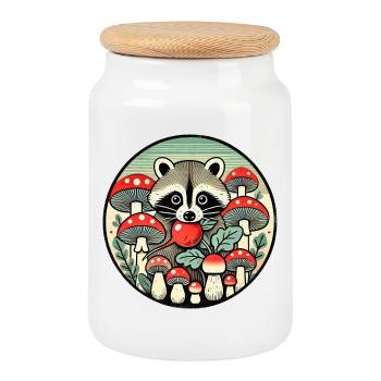 Raton laveur fantaisiste parmi les champignons rouges - Boîte à biscuits avec couvercle en bois - blanc - Devant