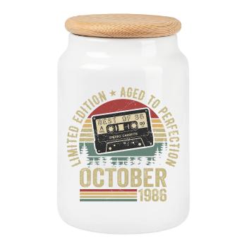 Vintage Car October 1986 Birthday Gift October - Cookie Jar with Wooden Lid - white - Front