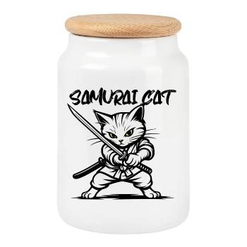 Chat samouraï - Boîte à biscuits avec couvercle en bois - blanc - Devant
