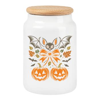 Halloween Fledermaus mit Kürbissen und Blättern - Keksdose mit Holzdeckel - Weiß - Vorne