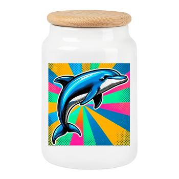 dolphin - Cookie Jar with Wooden Lid - white - Front
