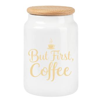 But First Coffee saying quote - Cookie Jar with Wooden Lid - white - Front
