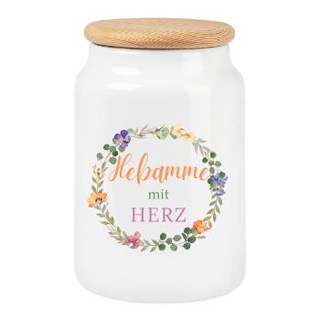 Midwife with heart - floral design - - Cookie Jar with Wooden Lid - white - Front