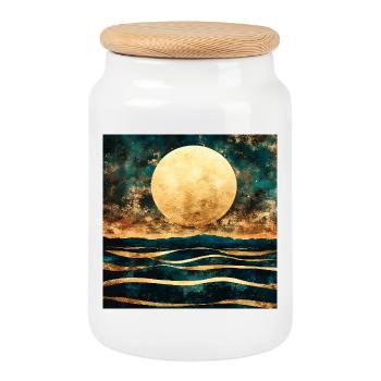 Golden Moon on Watercolor Horizon - Cookie Jar with Wooden Lid - white - Front