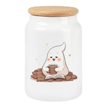 Kawaii Spirit – Cozy Coffee & Books - Cookie Jar with Wooden Lid - white - Front