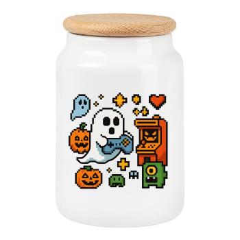 Pixel Ghost Gaming Retro Design - Keksdose mit Holzdeckel - Weiß - Vorne