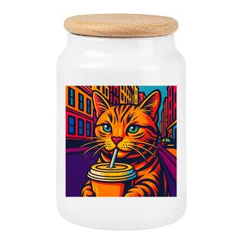 Chat urbain dynamique avec boisson, aime les chats - Boîte à biscuits avec couvercle en bois - blanc - Devant