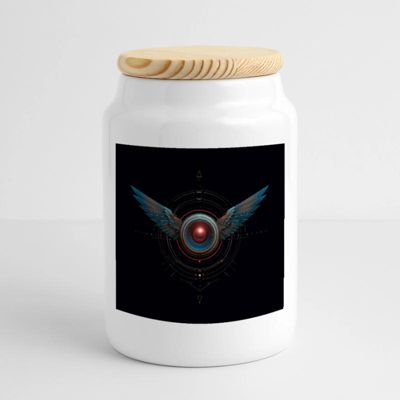 Futuristic Winged Emblem – Techno Vision Cookie Jar with Wooden Lid