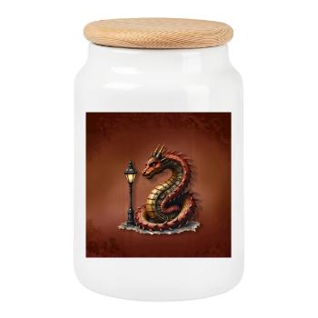 Steampunk-Drache mit Laternenpfahl - Keksdose mit Holzdeckel - Weiß - Vorne