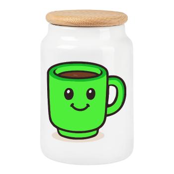tasse à café sourire dessin animé - Boîte à biscuits avec couvercle en bois - blanc - Devant