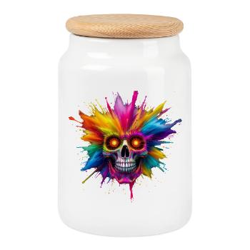 Colorful skull with color explosion - Cookie Jar with Wooden Lid - white - Front