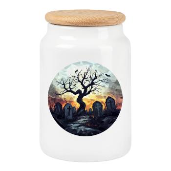 Spooky cemetery with gnarled tree - Cookie Jar with Wooden Lid - white - Front