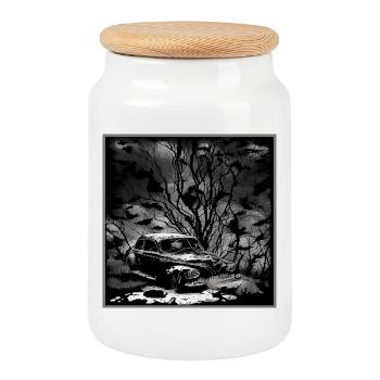 Illustration de voiture vintage de la forêt sombre - Boîte à biscuits avec couvercle en bois - blanc - Devant