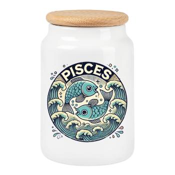 Pisces Zodiac Fish Art Design - Cookie Jar with Wooden Lid - white - Front