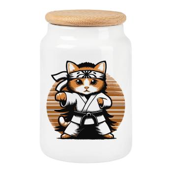 Kawaii Cat Karate Dojo Design - Cookie Jar with Wooden Lid - white - Front