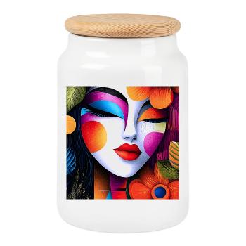 Abstract portrait in bright colors - Cookie Jar with Wooden Lid - white - Front