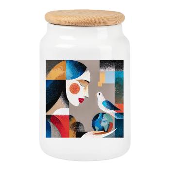 Portrait of Abstract Woman with Bird and Globe - Cookie Jar with Wooden Lid - white - Front