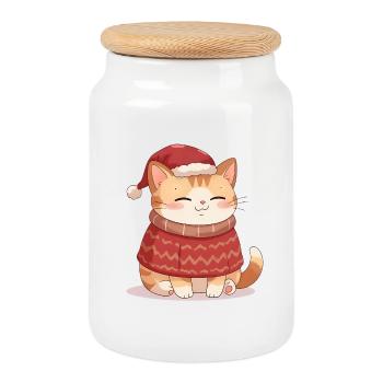 Anime Cat in Christmas Sweater - Christmas - Cookie Jar with Wooden Lid - white - Front