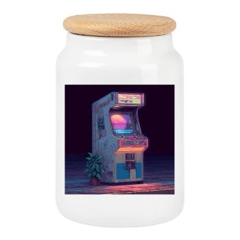 Machine d’arcade rétro – Neon Gaming Vibes - Boîte à biscuits avec couvercle en bois - blanc - Devant