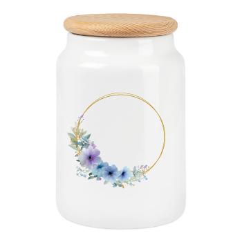 Couronne florale bleue, dorée, verte, personnalisable - Boîte à biscuits avec couvercle en bois - blanc - Devant