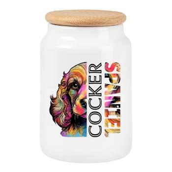 Cocker Spaniel coloré - Boîte à biscuits avec couvercle en bois - blanc - Devant