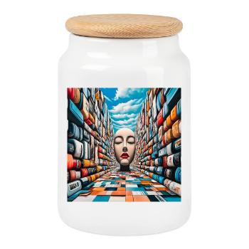 Mysterious Face in Colorful Library - Cookie Jar with Wooden Lid - white - Front
