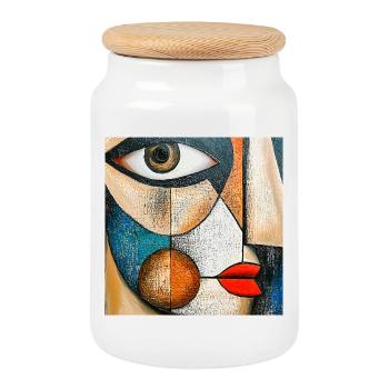 Expressive Geometric Abstract Portrait - Cookie Jar with Wooden Lid - white - Front