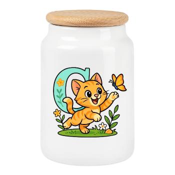 c comme... chat ! Design alphabet mignon - Boîte à biscuits avec couvercle en bois - blanc - Devant
