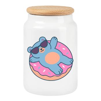 Blue Teddy Bear with Sunglasses - Cookie Jar with Wooden Lid - white - Front