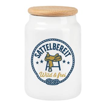 Cheval prêt à seller libre et sauvage - Boîte à biscuits avec couvercle en bois - blanc - Devant