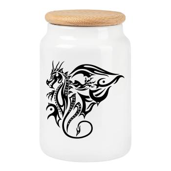 Seitlicher Tribal Drache Design mit Flügel - Keksdose mit Holzdeckel - Weiß - Vorne