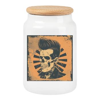 Hip Skull with Rockabilly Style - Cookie Jar with Wooden Lid - white - Front