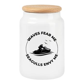 PWC Rider Waves Fear Me Seagull Envy Humor  - Cookie Jar with Wooden Lid - white - Front