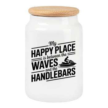 Happy Place Between Waves And Handlebars  - Cookie Jar with Wooden Lid - white - Front