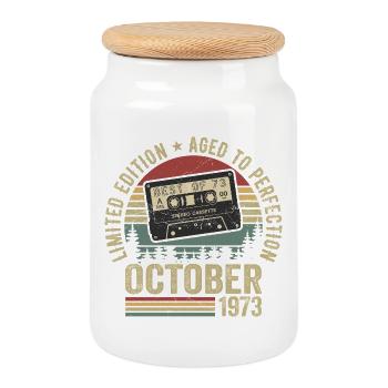 Classic Car October 1973 Birthday Gift October - Cookie Jar with Wooden Lid - white - Front