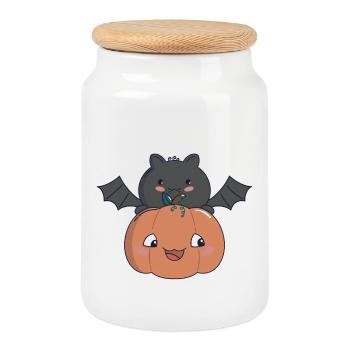 Kürbis & Fledermaus – Kawaii Halloween 🎃🦇 - Keksdose mit Holzdeckel - Weiß - Vorne