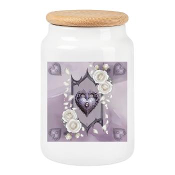 Coeur décoratif avec des roses blanches - Boîte à biscuits avec couvercle en bois - blanc - Devant