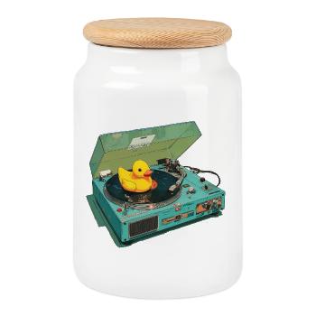 Rubber duck on record player - Cookie Jar with Wooden Lid - white - Front