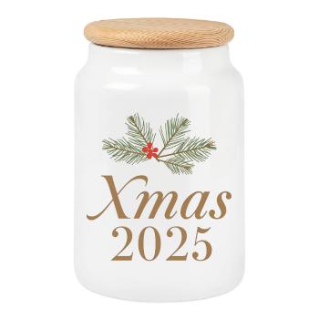 Golden XMAS 2025 – Mistelzweig Design - Keksdose mit Holzdeckel - Weiß - Vorne