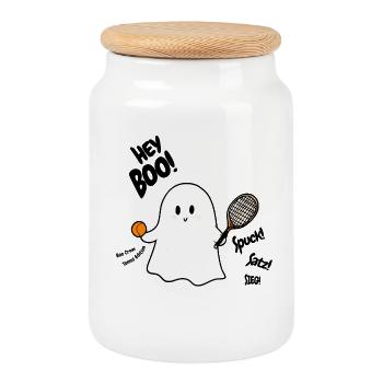 Cute Halloween Ghost Tennis Tennis Player Hey Boo - Cookie Jar with Wooden Lid - white - Front