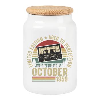 Vintage Car October 1959 Birthday Gift October - Cookie Jar with Wooden Lid - white - Front